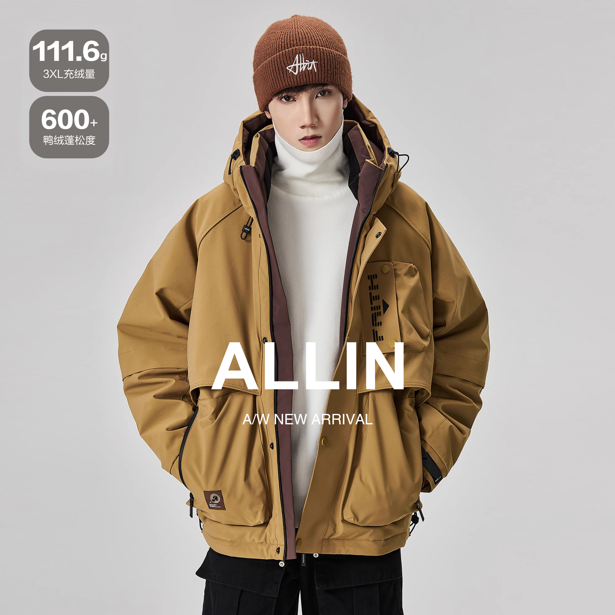ALLIN 连帽工装羽绒服男生冬季加厚保暖潮牌情侣鸭绒防寒夹克外套