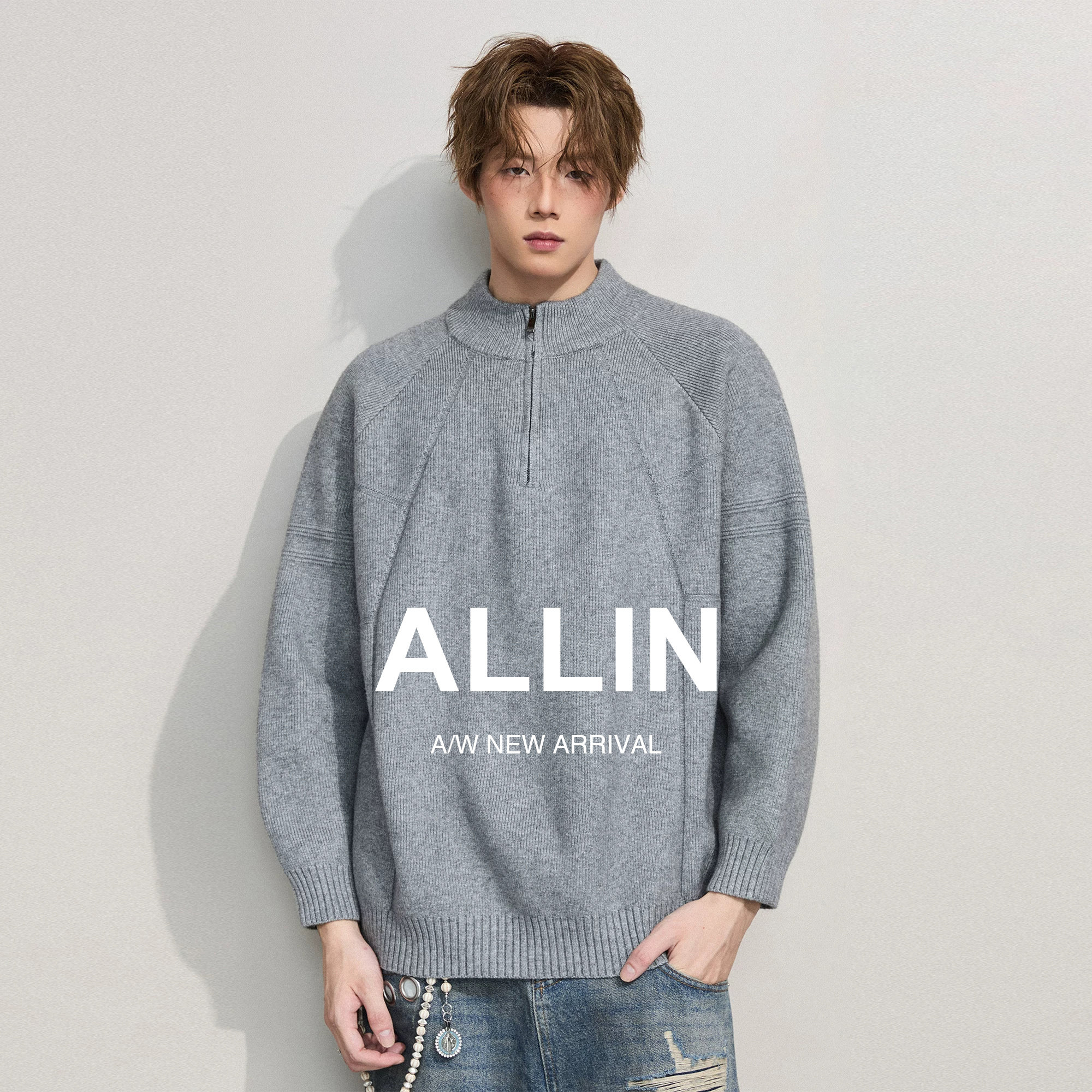 ALLIN 半高领拉链毛衣男春秋宽松套头纯色打底针织衫情侣保暖外