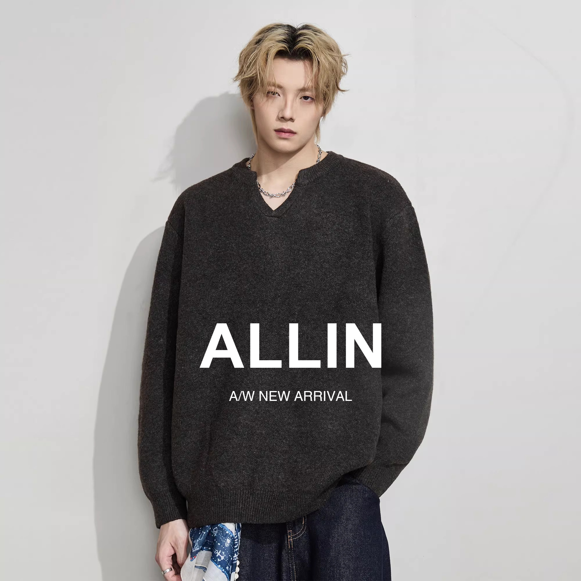 ALLIN 松弛感小V领套头毛衣外套男生春秋情侣含绵羊毛针织打底