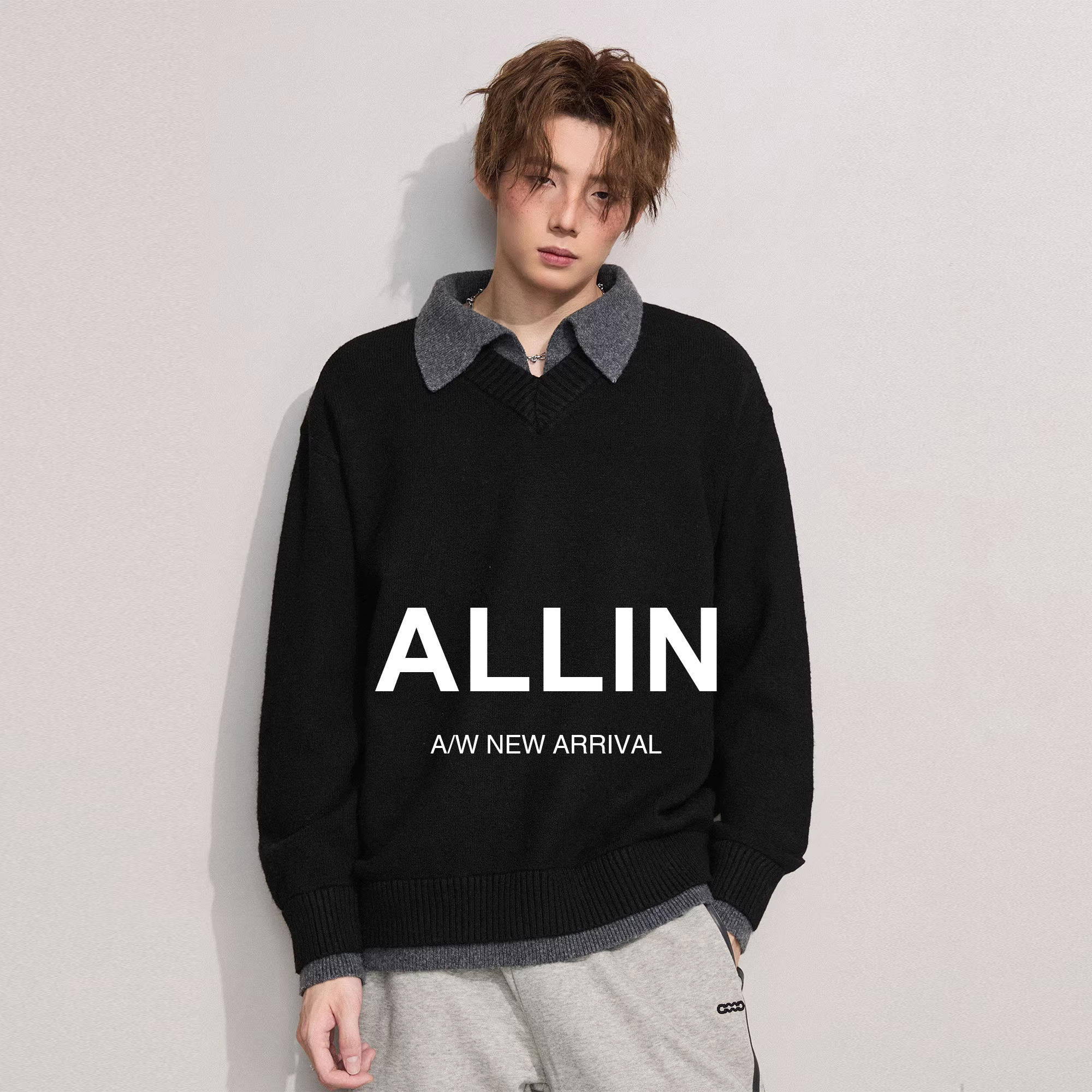 ALLIN 假两件v领翻领毛衣男秋冬cleanfit高级针织衫上