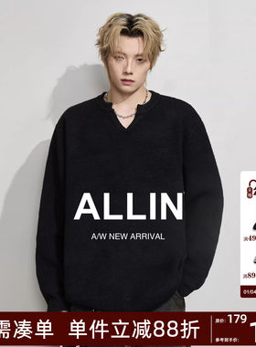 ALLIN 美式黑色V领毛衣男秋冬潮牌慵懒风百搭针织衫情侣休闲外套