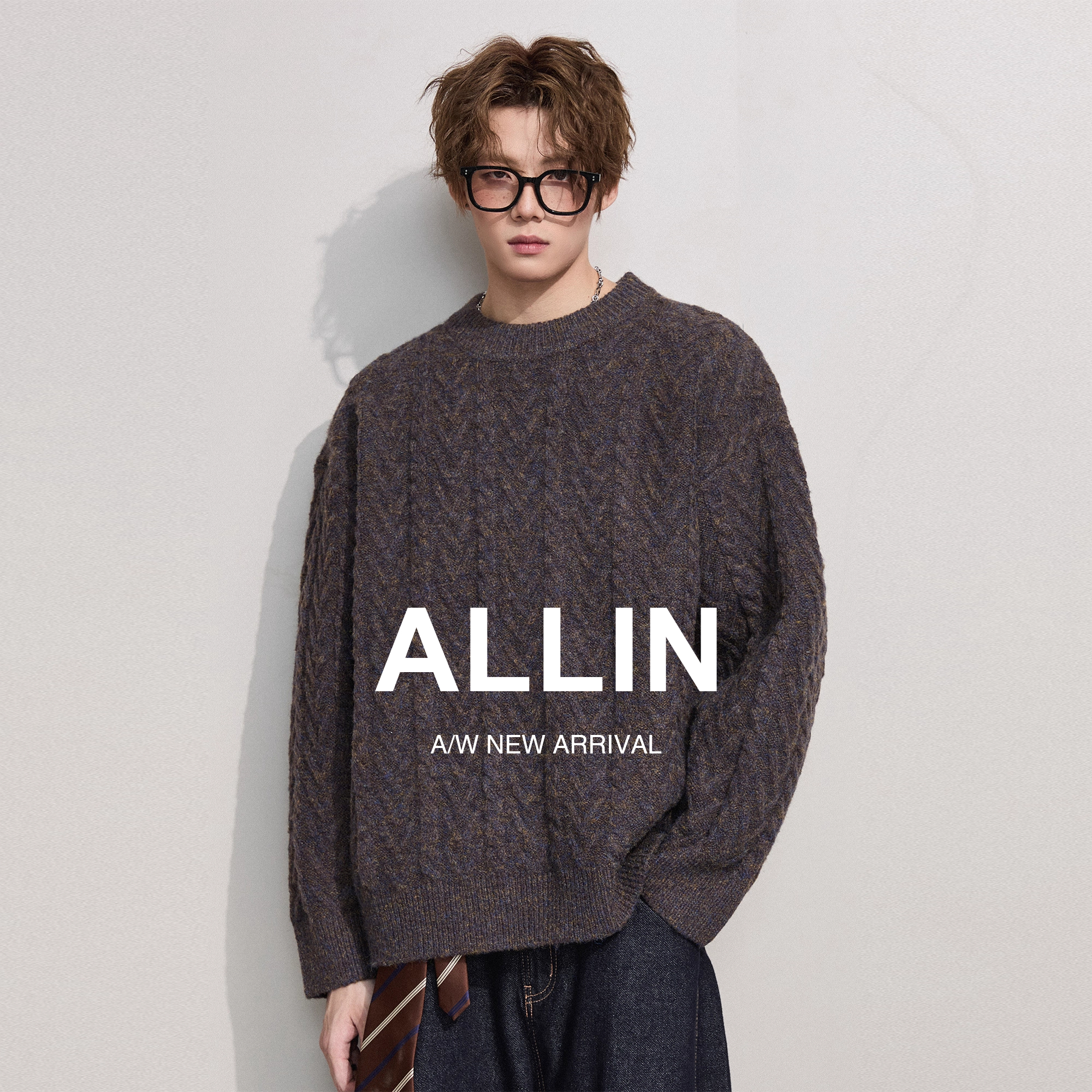 ALLIN 圆领套头混色毛衣男秋冬季加厚保暖打底衫百搭针织衫毛线衣