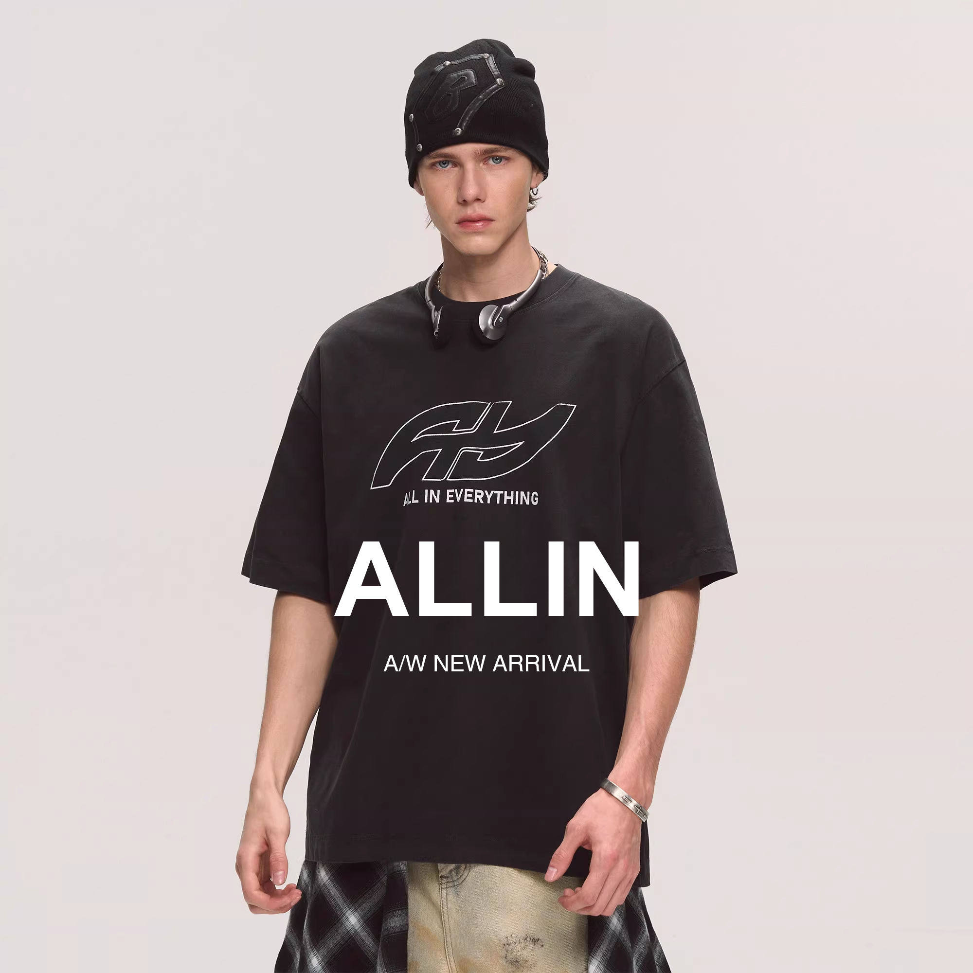 ALLIN 水洗黑色短袖t恤男生夏季纯棉重磅体恤衫潮牌情侣半袖上