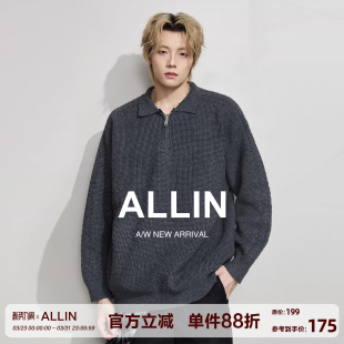 慵懒风情侣半拉链针织衫 美式 外套 重磅灰色翻领毛衣男春秋季 ALLIN