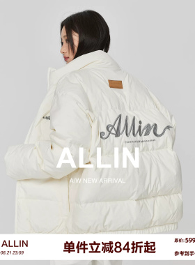 ALLIN 白色羽绒服男女款冬季青少年情侣潮牌帅气字母刺绣短款外套