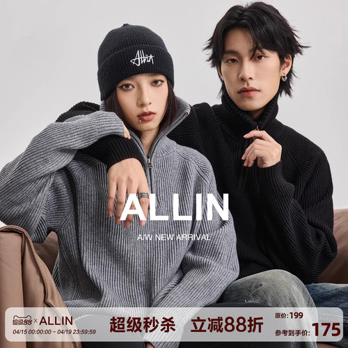 ALLIN 高领毛衣男女秋冬美式复古高街潮牌针织衫宽松休闲情侣外套