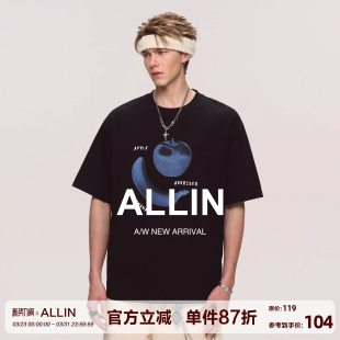 潮牌半袖 ALLIN 水果趣味印花美式 t恤男夏季 上衣 黑色纯棉重磅短袖