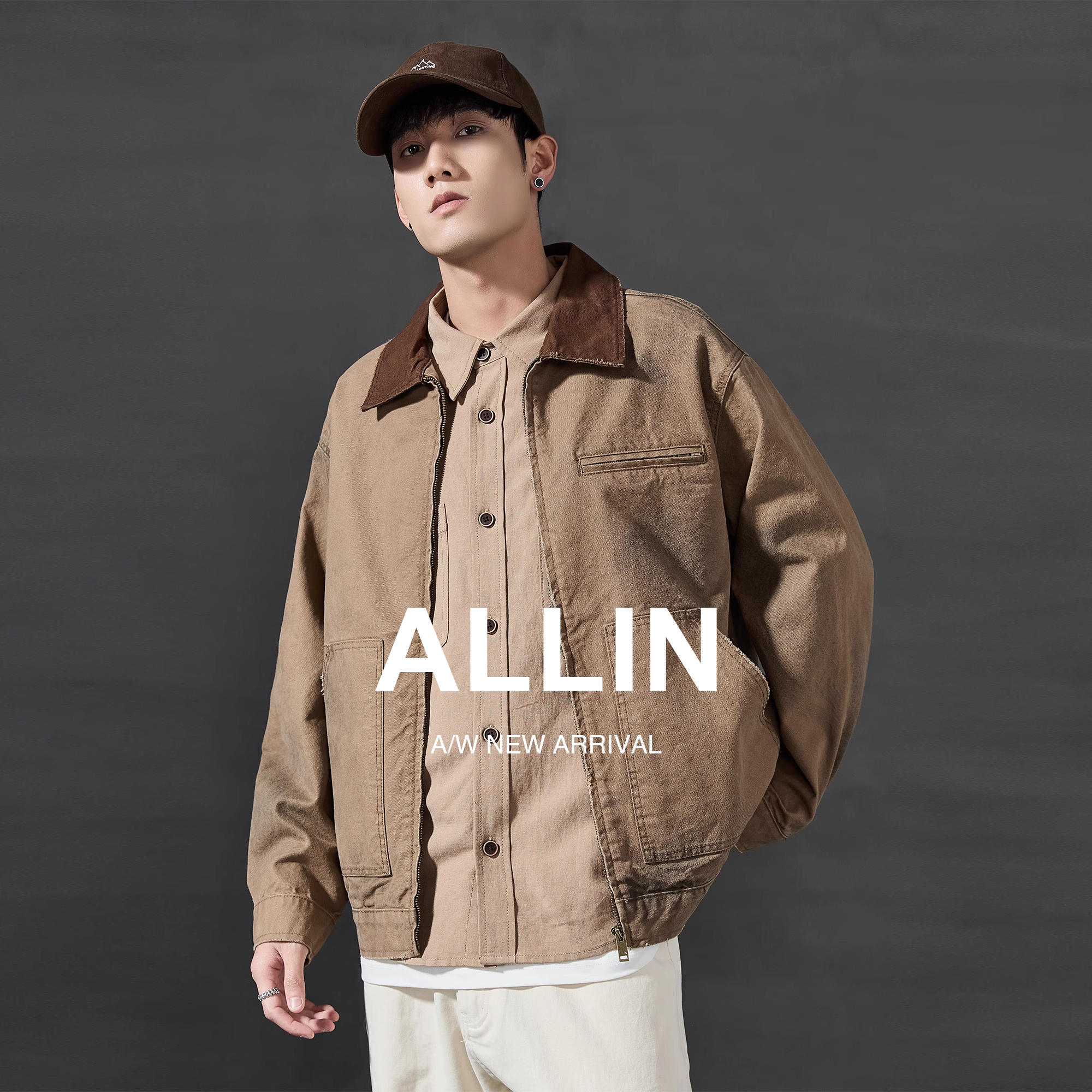 ALLIN 美式复古巴恩风底特律夹克男卡哈特工装帆布水洗翻领外套