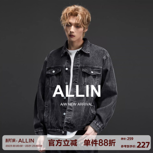 宽松翻领牛仔衣 夹克2026春秋新款 ALLIN 烟灰色牛仔外套男潮牌工装