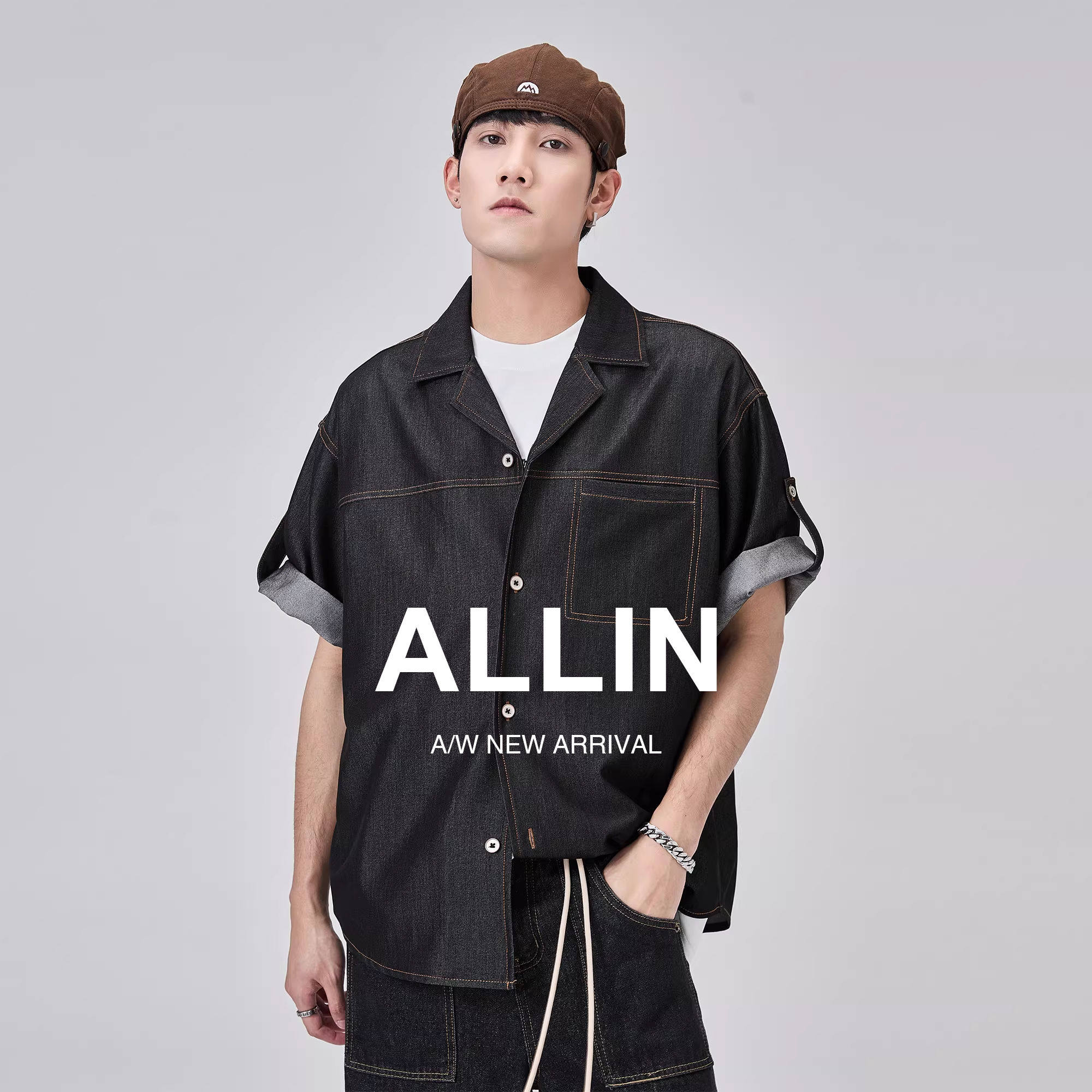 ALLIN 黑色短袖衬衫男夏季复古水洗翻领牛仔外套宽松百搭情侣上