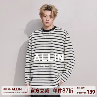 撞色拼接异色圆领落肩袖 T恤男春秋季 宽松上衣 重磅条纹长袖 ALLIN