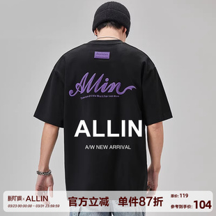 字母发泡印花半袖 ALLIN 黑色五分袖 t恤男女夏季 上衣 重磅纯棉短袖