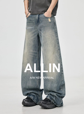 ALLIN 破洞弯刀牛仔裤男夏季美式水洗蓝色宽松直筒阔腿休闲长裤子