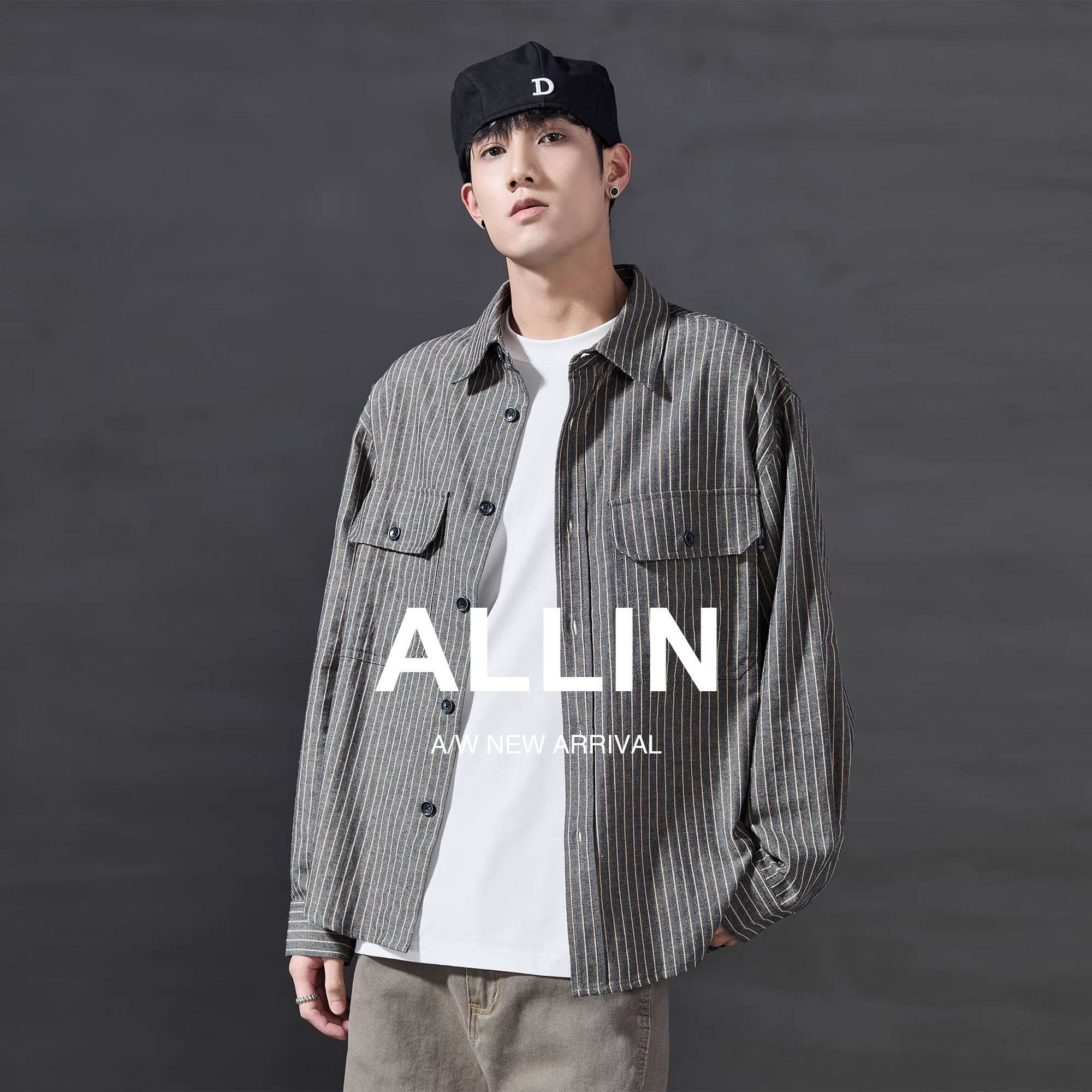 ALLIN 日系复古条纹工装衬衫男2025新款宽松休闲翻领长袖衬