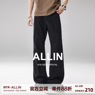 型阔腿休闲长裤 ALLIN 春秋2021M版 男士 子 黑色拼接解构微喇牛仔裤