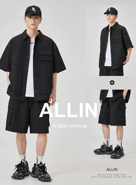 ALLIN 黑色工装短袖衬衫套装男士夏季宽松速干休闲运动两件套短裤