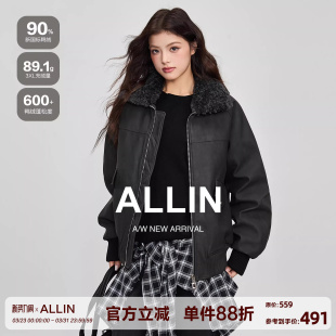 ALLIN 巴恩风毛领拼接皮衣羽绒服女冬季保暖翻领机车夹克情侣外套