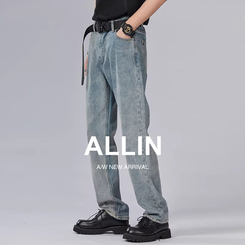 美式复古直筒宽松阔腿牛仔裤男