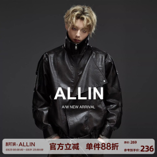 ALLIN 黑色皮衣外套男春秋潮牌复古廓形宽松情侣机车PU皮夹克 美式