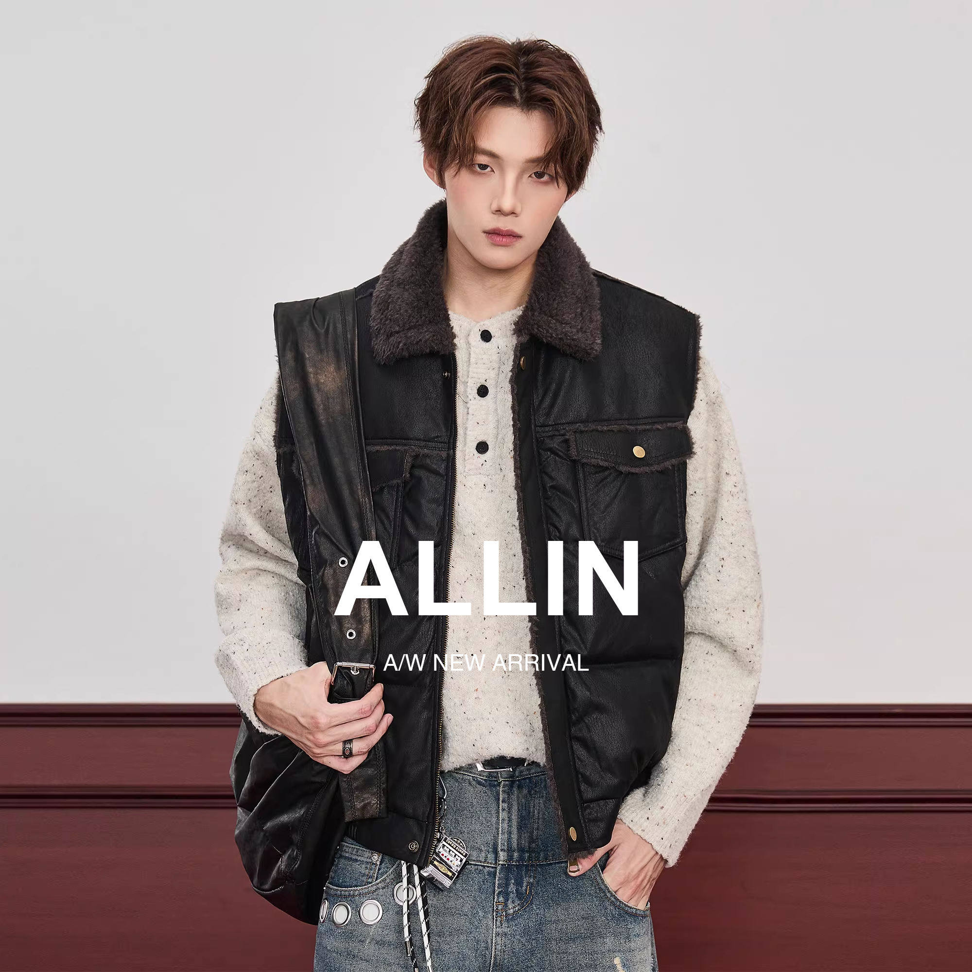 ALLIN 美式羊羔毛皮衣马甲男秋冬加绒加厚短款皮夹克情侣机车外