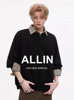 ALLIN 复古假两件衬衫拼接翻领卫衣男秋冬季潮牌宽松情侣休闲外套