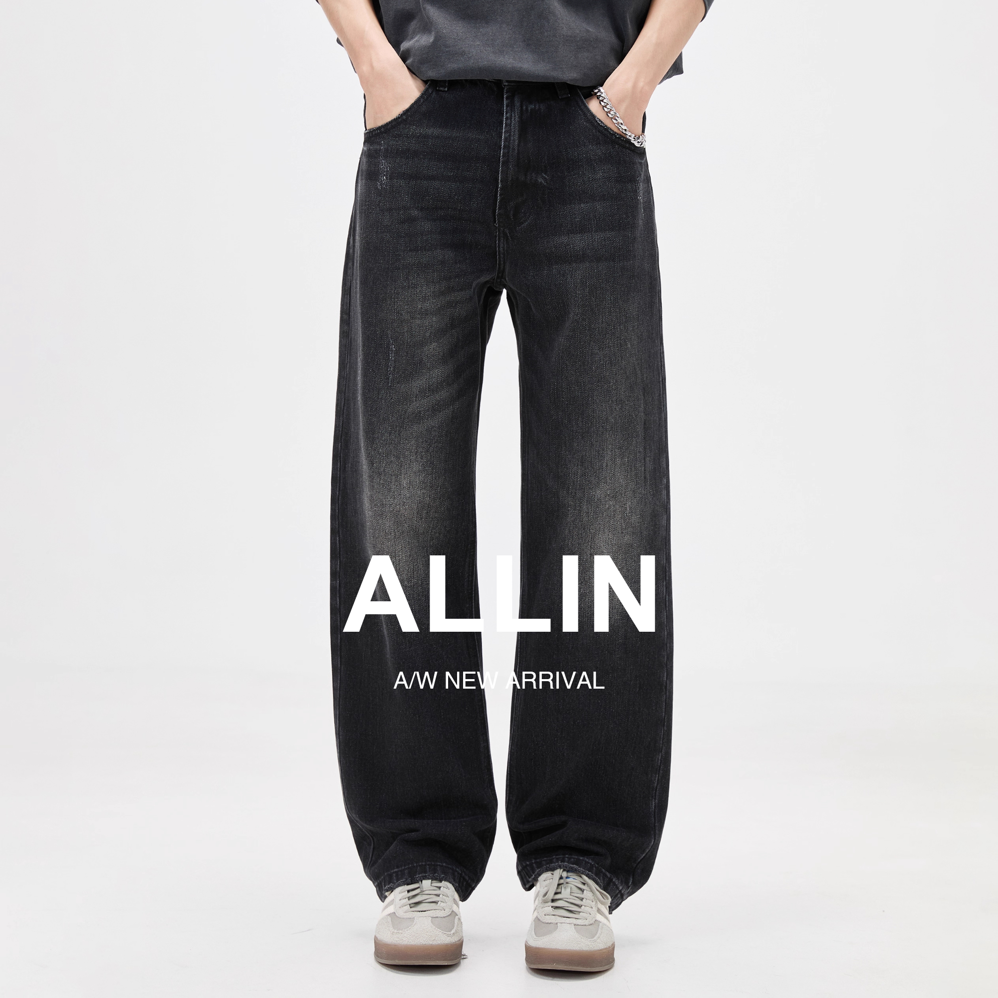 ALLIN 黑色水洗弯刀牛仔裤男秋季美式高街潮牌宽松直筒阔腿长裤子