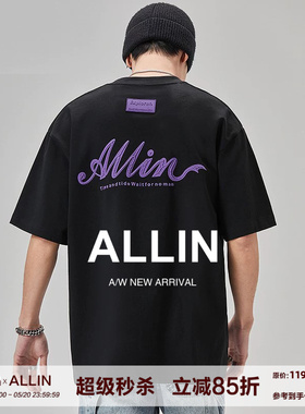 ALLIN 重磅纯棉短袖t恤男女夏季黑色五分袖字母发泡印花半袖上衣