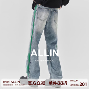 男春秋潮牌条纹复古宽松直筒微喇休闲长裤 高街牛仔裤 子 美式 ALLIN