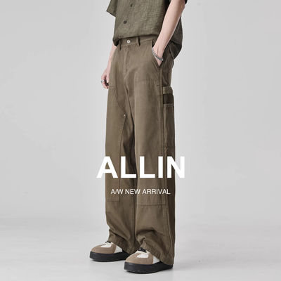 ALLIN 美式工装牛仔裤男潮牌休闲直筒阔腿伐木高街水洗微喇叭裤子
