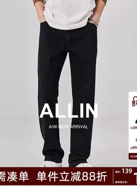 ALLIN 美式高街裤子男款vibe黑色牛仔裤休闲修身直筒窄版微喇长裤