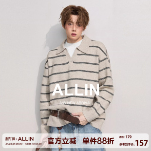 ALLIN 外套 假两件条纹POLO翻领毛衣男春秋情侣慵懒风含羊毛针织衫