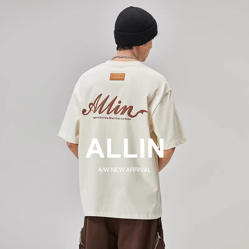 ALLIN 字母印花短袖t恤男夏季潮牌圆领宽松重磅纯棉情侣半袖上