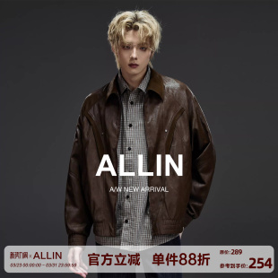 通勤PU皮夹克情侣机车服外套 复古宽松翻领皮衣男春秋季 ALLIN 美式