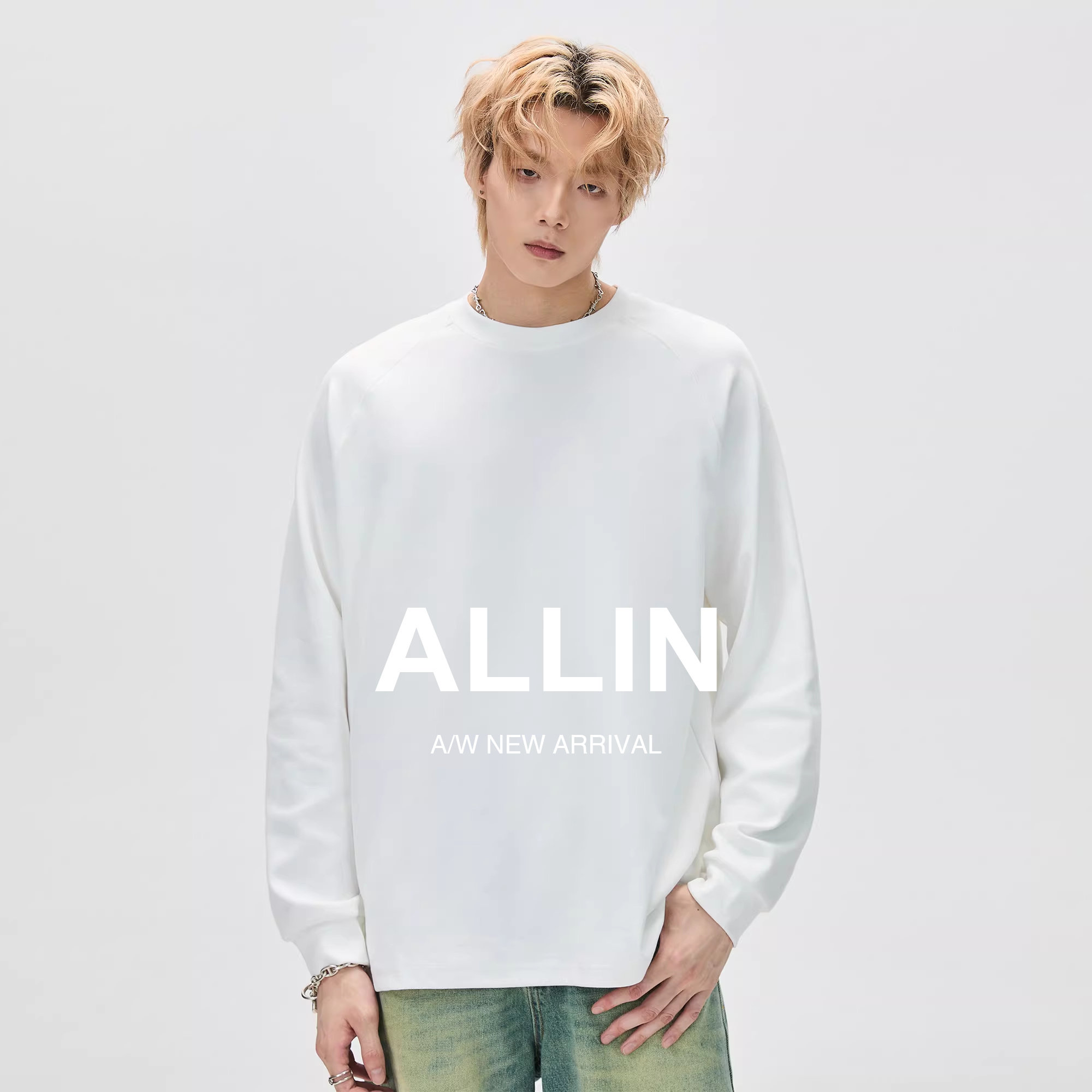 ALLIN 白色重磅长袖t恤男女2025秋冬新款圆领百搭宽松打底