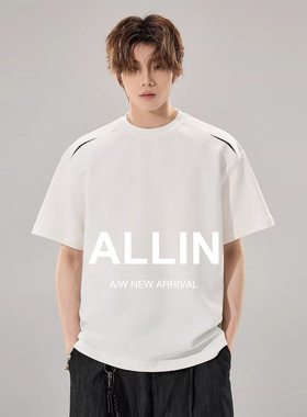ALLIN 格纹镂空拼接解构短袖T恤男夏季情侣白色体恤潮牌宽松上衣