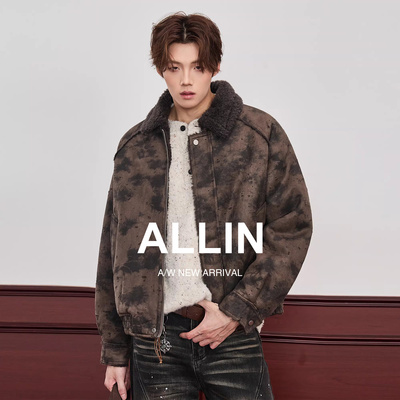 ALLIN 废墟风做旧破洞羊羔绒翻领夹克男冬季情侣加绒加厚保暖外套