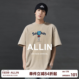 ALLIN美式潮牌卡通字母印花短袖T恤男夏重磅纯棉宽松圆领打底半袖