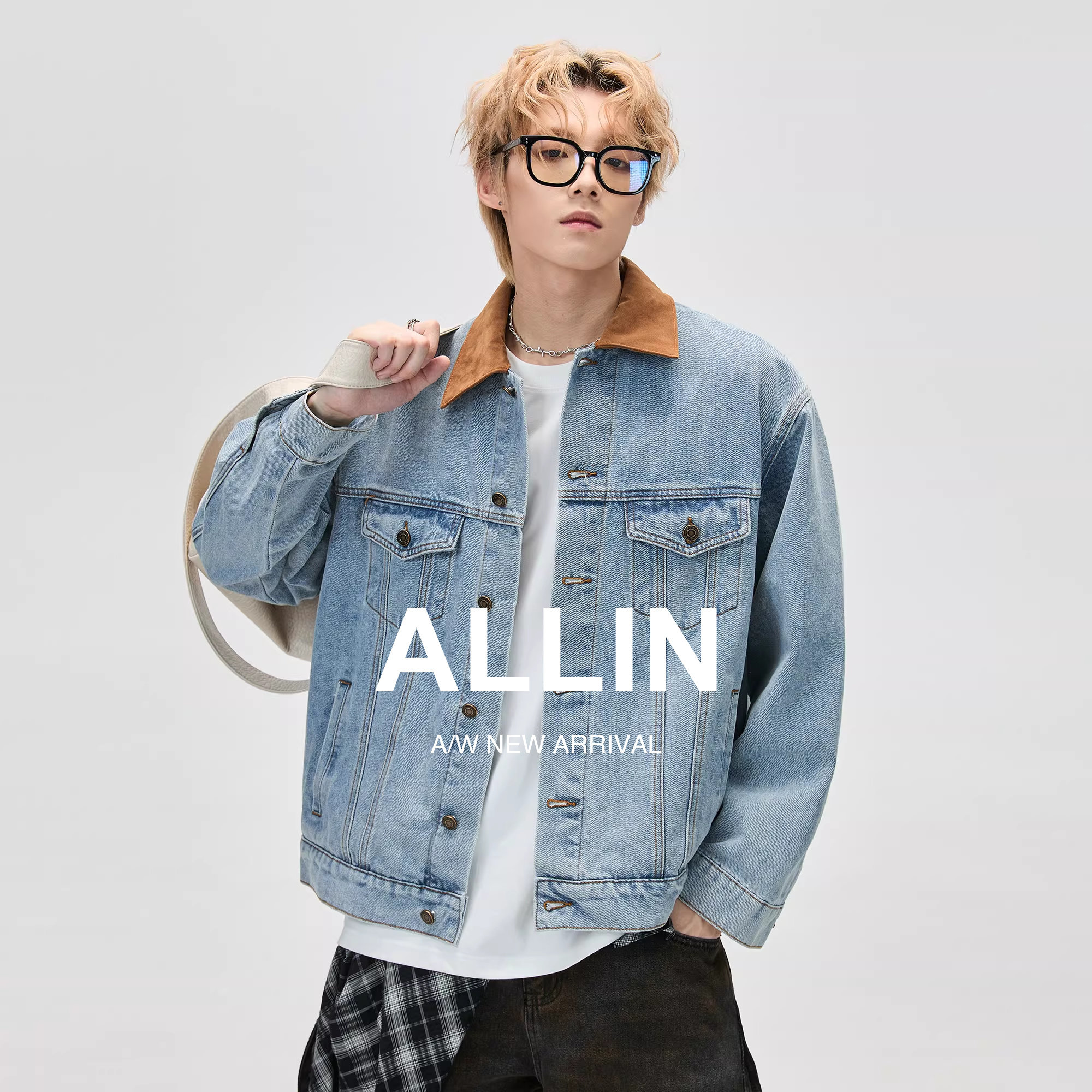 ALLIN 麂皮绒翻领拼接牛仔外套男春秋季美式工装水洗情侣休闲外套