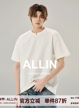 ALLIN 白色曼巴棉短袖T恤男生夏季260g重磅小V领设计情侣潮牌上衣