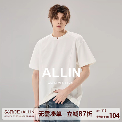 ALLIN 白色曼巴棉短袖T恤男生夏季260g重磅小V领设计情侣潮牌上衣