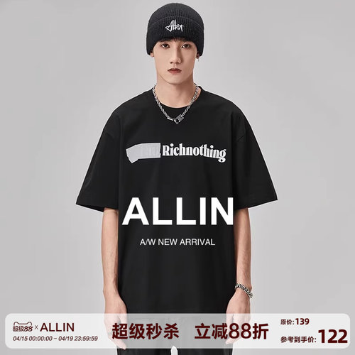 ALLIN纯棉重磅字母印花短袖t恤