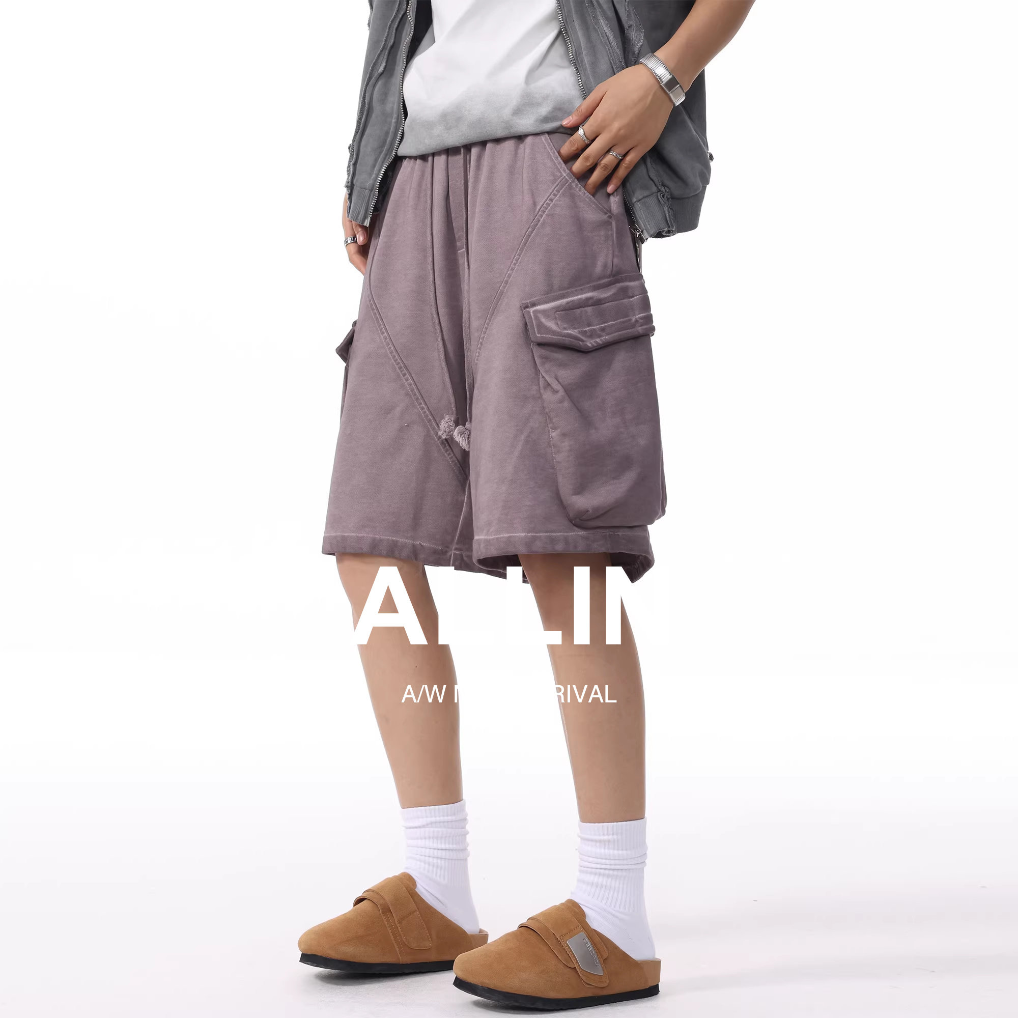 ALLIN 纯棉工装短裤男夏季薄款潮牌休闲五分裤子宽松百搭直筒中裤