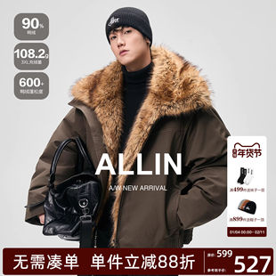 ALLIN 座山雕毛领羽绒服男冬季加厚保暖情侣夹克90绒短款防寒外套