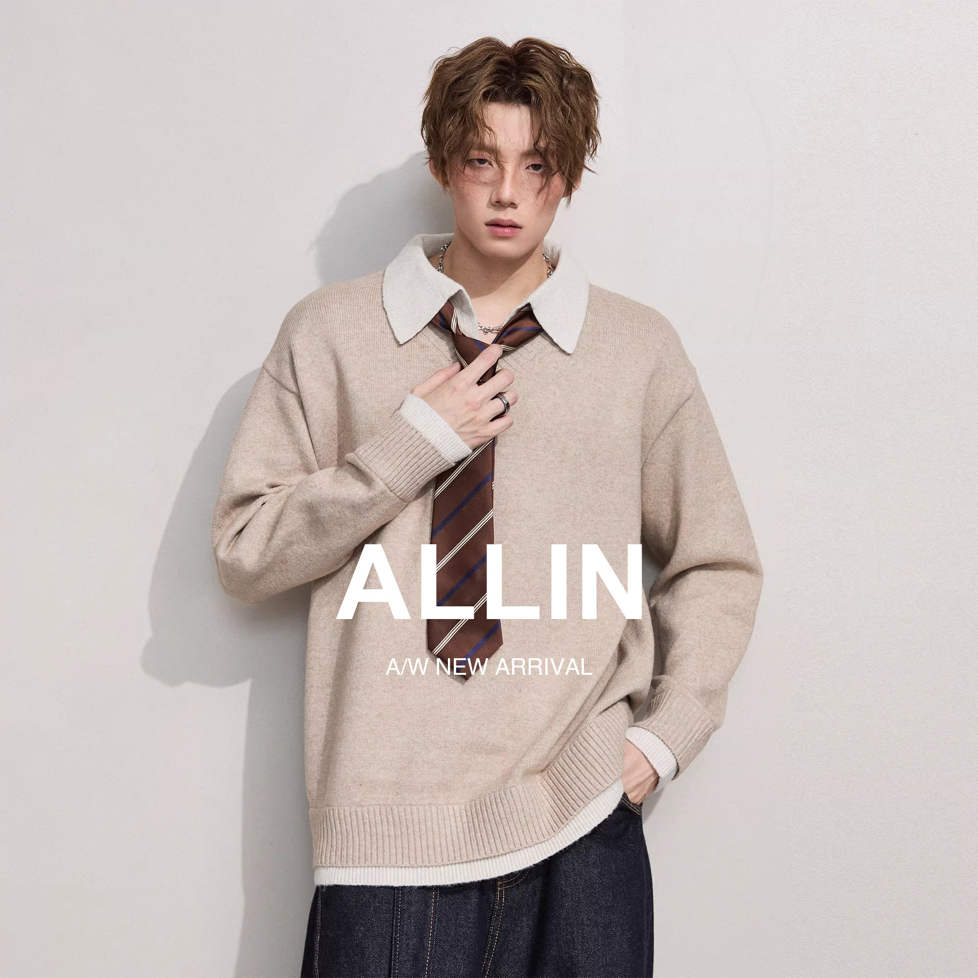 ALLIN 假两件polo翻领拼接毛衣男春秋季情侣慵懒老钱风V领