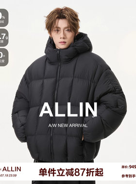 ALLIN 黑色连帽90羽绒服男生冬季情侣加厚防寒滑雪面包服保暖外套
