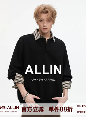 ALLIN 复古假两件衬衫拼接翻领卫衣男春秋季潮牌宽松情侣休闲外套