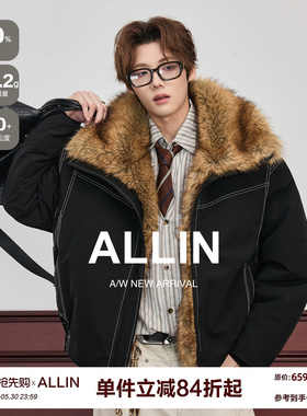 ALLIN 黑色座山雕夹克毛领短款羽绒服男冬季情侣加厚保暖防寒外套