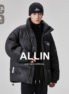 ALLIN 黑色短款羽绒服男冬季潮牌加厚保暖面包服立领鸭绒情侣外套