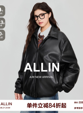 ALLIN 黑色cleanfit翻领PU皮衣羽绒服女冬季保暖情侣机车夹克外套