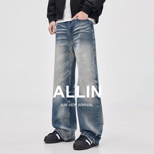 高街拖地休闲弯刀裤 男秋冬美式 复古猫须做旧直筒阔腿牛仔裤 ALLIN
